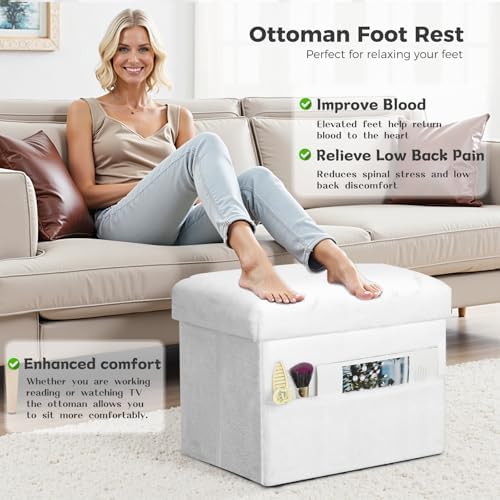 Small Ottoman with Storage, Folding Fur Ottoman Foot Rest for Dorm, White