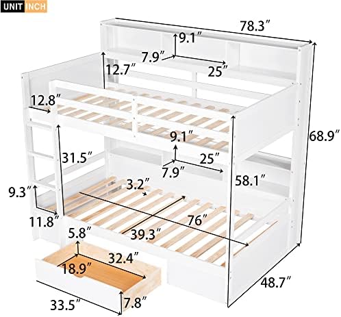 Twin Over Twin Bunk Bed with Built-in Shelves Beside Both Upper and Down Bed and Storage Drawer, Twin Size Wooden Bunk Bed with Guardrails and Ladder