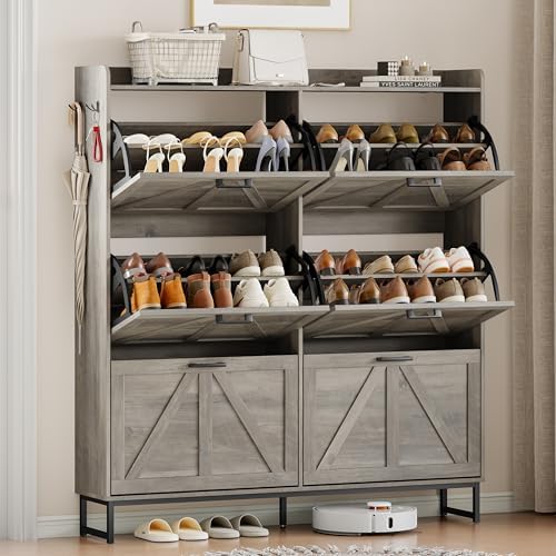 Wodeer Shoe Cabinet Storage for Entryway, Shoe Storage Cabinet with 6 Flip Drawers, Freestanding Narrow Shoe Rack Organizer with Metal Legs, Adjustable Shelves & Open Storage for Foyer, Hallway, Grey