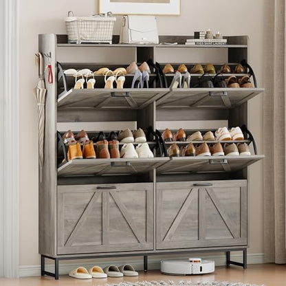 Wodeer Shoe Cabinet Storage for Entryway, Shoe Storage Cabinet with 6 Flip Drawers, Freestanding Narrow Shoe Rack Organizer with Metal Legs, Adjustable Shelves & Open Storage for Foyer, Hallway, Grey