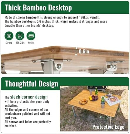 KingCamp Bamboo Folding Camping Table, 4-Fold Adjustable Outdoor Table