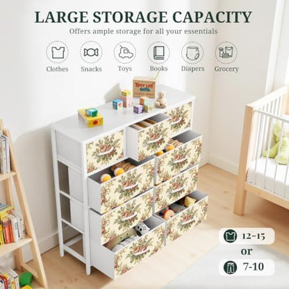 9 Drawer Dresser with Colorful Printed Front, Unique Wide Fabric Dresser