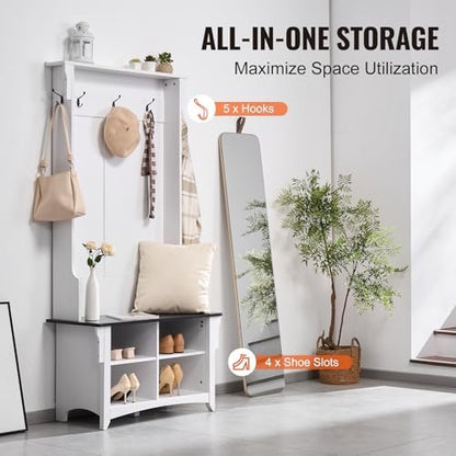 VEVOR Hall Tree Entryway Bench, Coat Rack with Shoe Storage, 32" Wide Mudroom Bench with Seating and Adjustable Shelves, 5 Hanging Hooks and 4 Storage Drawers, for Mudroom, Entryway, Hallway