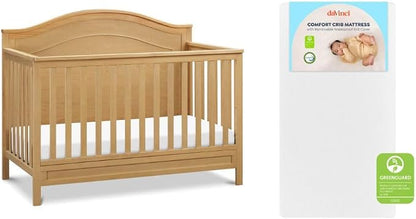 Davinci Charlie 4-in-1 Convertible Baby Crib w/Mattress - Honey | GREENGUARD Gold Certified, Low-Profile Crib Convertible to Toddler Bed, Daybed, Full Bed - Conversion Kit Sold Separately