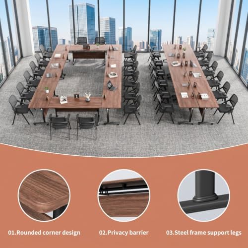 Modern Conference Table, Folding Modular Conference Room Tables with Wheels, Flip Top Mobile Training Table for 6-12 People, Foldable Rectangle Meeting Seminar Tables for Office(Walnut4,8PCS 47.2in)