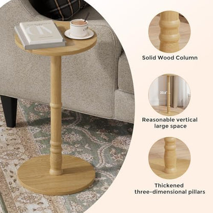 Round Side Table with Solid Wood Pillar, Small Drink Table