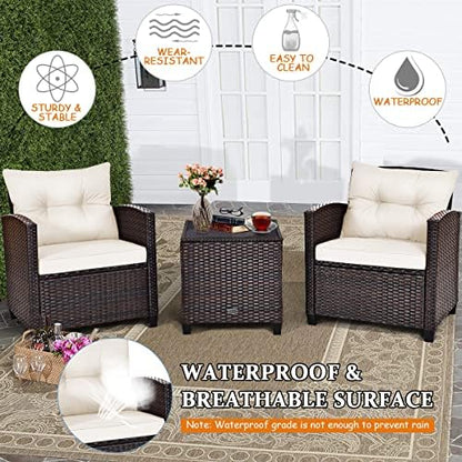 HAPPYGRILL 3 Pieces Patio Conversation Set, Outdoor Furniture Set PE Rattan Sofa Set with Removable Cushions, PE Wicker Chairs with Tempered Glass Side Table for Porch Lawn Garden Balcony Backyard
