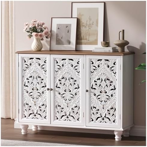 JOINICE 42.5" Accent Storage Cabinet with 3 Doors for Living Room, White