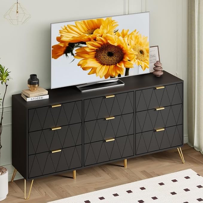 Anbuy Bedroom Sets 3 Piece 9+2+2 Black 9 Drawer Dresser & Nightstands Set of 2 for Bedroom, Two Drawers Nightstand Set of 2 and 9 Drawer Dresser Combo 3 Pieces