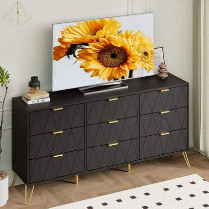Anbuy Bedroom Sets 3 Piece 9+2+2 Black 9 Drawer Dresser & Nightstands Set of 2 for Bedroom, Two Drawers Nightstand Set of 2 and 9 Drawer Dresser Combo 3 Pieces