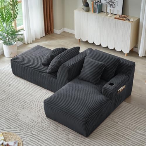 Eafurn Oversized Double Chaise Lounge Indoor with Cup Holders & Side Pocket, 71" Plush Corduroy Boneless Chaise Lounge Sofa with High Density Sponge & Deep High Seat Comfy Sleeper Couch Bed