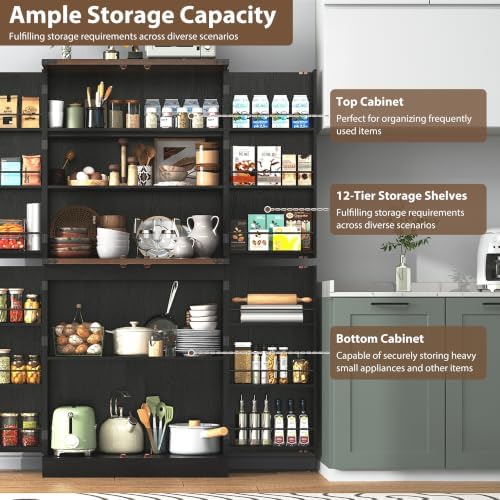 71" Tall Kitchen Pantry Cabinet, Farmhouse Tall Kitchen Storage Cabinet with Adjustable Shelves & 4 Barn Style Doors, Wooden Storage Cabinet for Kitchen, Dining Room, Living Room, Bathroom, Office