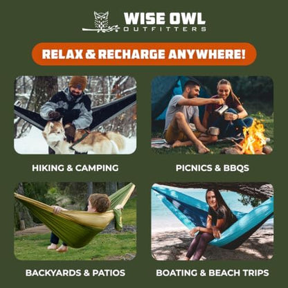 Wise Owl Outfitters Camping Hammock – 500lbs Portable Hammock with Tree Straps - Travel, Backpacking, Hiking, Outdoors Camping Gear - Double