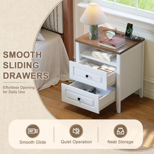 ChooChoo Nightstands Set of 2, with Charging Station, White and Walnut