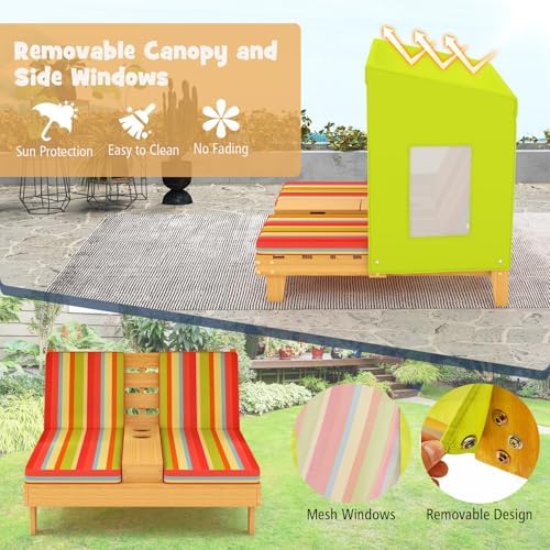 HONEY JOY Kids Chaise Lounge Chair Outdoor, Toddler Wood Double Pool Lounger Chairs w/Canopy, Cup Holders, Removable Stripped Fabric Cushions, 2-Person Kids Patio Furniture for Backyard (Light Green)