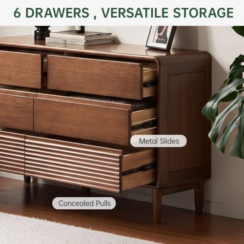Solid Wood Nightstand, 6 Drawer Nightstand for Bedroom, Modern Side Table for Living Room, Hallway, Closet, Catalpa Wood (Walnut,47.71" W x 15.74" D x 30.74" H)