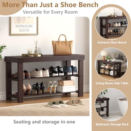 NEWBULIG Shoe Rack Bench, 3-Tier Bamboo Organizer, 11x36x18in, Brown