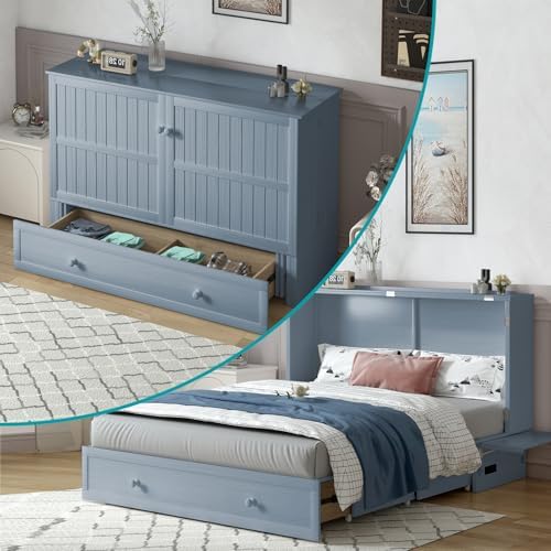 BALUS Queen Murphy Bed, Cabinet Murphy Bed with USB Charging Station-Blue