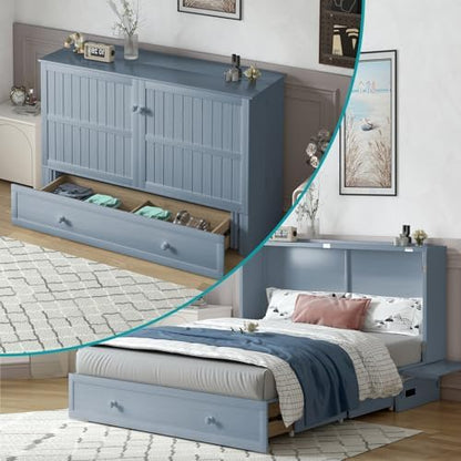 BALUS Queen Murphy Bed, Cabinet Murphy Bed with USB Charging Station-Blue