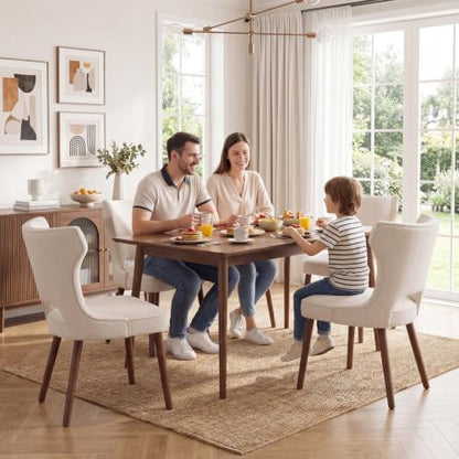 Wooden Dining Chairs Set of 6, Mid Century Dining Room Chairs with Solid Wood Legs, Upholstered Fabric Kitchen Chairs with Ergonomic Curved Backrest for Kitchen Dining Room, Beige