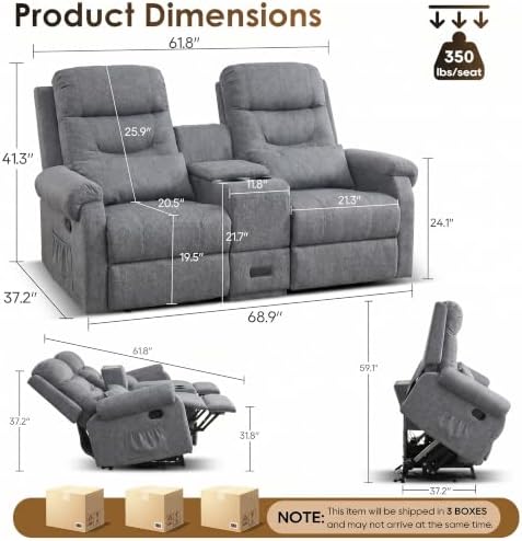 SAMERY Loveseat Recliner Sofa, Power Lift Recliner for Elderly with Massage and Heat, Electric Reclining Loveseat Sofa Couch with Console, Cup Holder, Outlets, USB, Drawer (Light Gray, Lift Loveseat)
