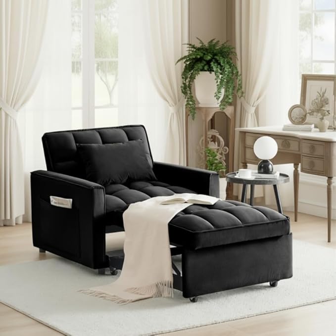 Sleeper Chair, Pull Out Chair Sleeper with Adjustable Back & Pocket, Convertible Chairs Bed Sleepers for Adults, 3 in 1 Sofa Bed Chairs for Small Spaces, Living Room, Black