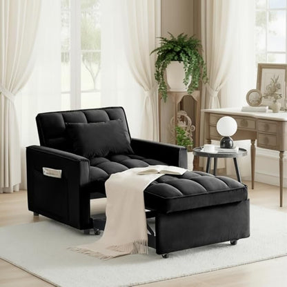 Sleeper Chair, Pull Out Chair Sleeper with Adjustable Back & Pocket, Convertible Chairs Bed Sleepers for Adults, 3 in 1 Sofa Bed Chairs for Small Spaces, Living Room, Black