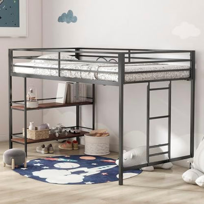 GDFStudio Junior Twin Loft Bed Frame, Twin Size Corner Bed with Cinnamon Wood Shelf,No Box Spring Needed, Noise Free, Black