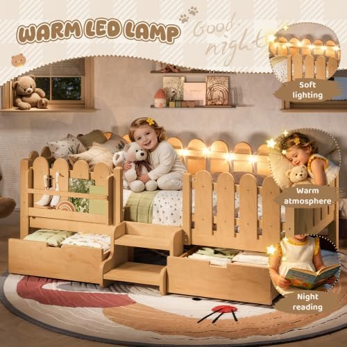 Bellemave Twin Size Platform Bed with Storage Drawers & Bookshelf for Boys Girls, Kids Twin Bed Frame with LED Lights & Stairs for Children's Room, Natural