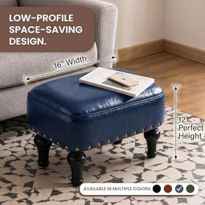 Cmishe Ottoman Leather Footrest,Vintage Footstool,Thickened Foam Upholstered Seat,Wooden Leg Foot Rest,Under Desk Shoe Bench Small Bench for Living Room Dining Room(Blue)