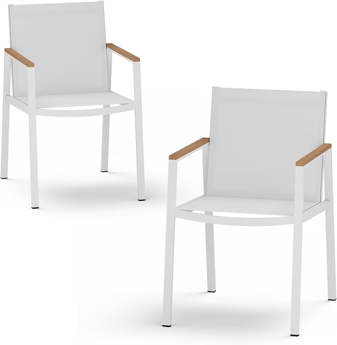 Outdoor Dining Chairs Set of 2, Aluminum Patio Armchairs, All Weather Patio Dining Furniture for Backyard, Deck, Poolside (White-Teak)