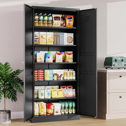 SISESOL Black Storage Cabinet,71" Tall Pantry Cabinet,Kitchen Pantry Storage Cabinets with 2 Doors and 5 Shelves,Wide Deep Metal Food Cupboard for Home,Kitchen,Dining/Living Room