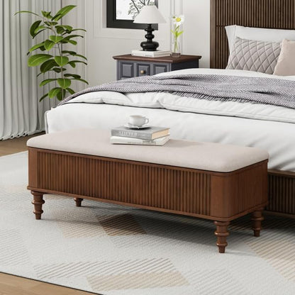 50.8” Multi-Functional Storage Ottoman Bench – Wooden End of Bed Bench with Linen Seat, Shoe Organizer Storage Bench for Bedroom, Entryway, Living Room, Closet
