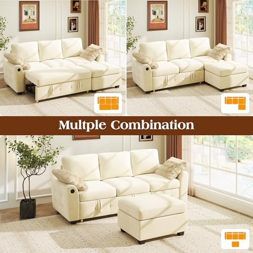 Ihanherry Modular Convertible Sectional Sofa Bed, Reversible Chaise & Storage Ottoman, 3-Seater Pull Out Sleeper with USB Ports & Chenille Fabric, for Small Space, Living Room, Apartment（Beige）