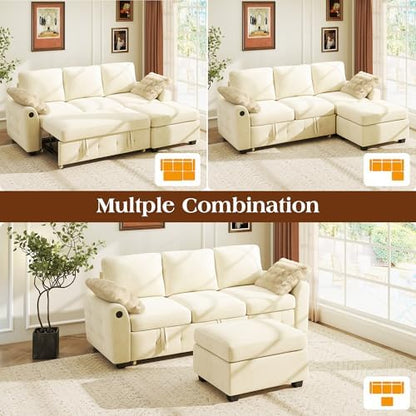 Ihanherry Modular Convertible Sectional Sofa Bed, Reversible Chaise & Storage Ottoman, 3-Seater Pull Out Sleeper with USB Ports & Chenille Fabric, for Small Space, Living Room, Apartment（Beige）