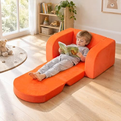 Kids Couch 2-in-1 Foldable kids sofa, Thick Foam & Extra Large, Orange
