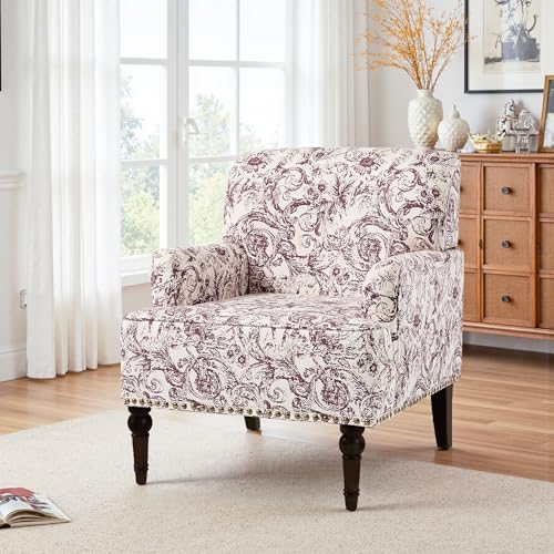 Rococo Accent Chairs Set of 2, Fabric Upholstered Armchair, Plum