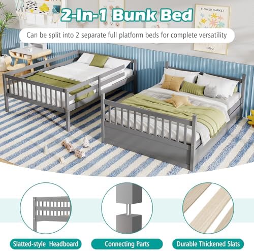 GIANTEX Full Over Full Bunk Bed with Trundle, Solid Wood Trundle Bed Frame w/Guardrails and Ladder, Convertible to 2 Beds, Full Size Bunk Beds for Adults Kids Teens, No Box Spring Needed, Grey