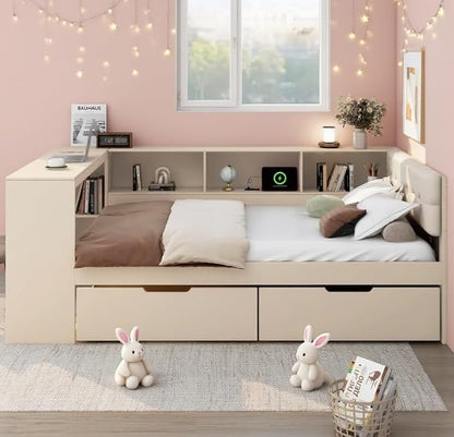 Bellemave Full Size Corner Bed Frame with Storage Shelves and Desk, Wood Full Daybed with Bookcase and Drawers and Upholstered Headboard, Cream