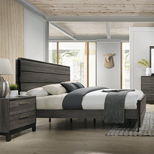 Roundhill Furniture Ioana 187 Antique Grey Finish Wood Bed Room Set, Queen Size Bed, Dresser, Mirror, 2 Night Stands