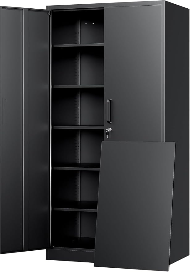 72"H Metal Storage Cabinets, Tall Locking Garage Cabinet with 2 Doors and 5 Adjustable Shelves, Steel Utility Tool Caninet, Black Lockable Outdoor Storage Cabnet for Pantry, Garage, Home Office