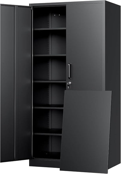 72"H Metal Storage Cabinets, Tall Locking Garage Cabinet with 2 Doors and 5 Adjustable Shelves, Steel Utility Tool Caninet, Black Lockable Outdoor Storage Cabnet for Pantry, Garage, Home Office