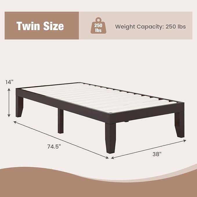 Giantex 14 Inch Twin Wood Platform Bed Frame, Minimalist Mattress Foundation with Solid Rubber Wood, Heavy Duty Wood Slat Support, Without Headboard, Easy Assembly, No Box Spring Needed, Espresso