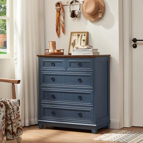 Joaxswe Farmhouse 5 Drawer Dresser for Bedroom Set of 2, 33.2" Tall Small Dressers & Chest of Drawers, Rustic Wood Dresser with Metal Handle, Storage Organizer Closet for Living Room, Hallway,Entryway