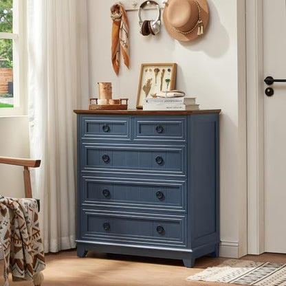 Joaxswe Farmhouse 5 Drawer Dresser for Bedroom Set of 2, 33.2" Tall Small Dressers & Chest of Drawers, Rustic Wood Dresser with Metal Handle, Storage Organizer Closet for Living Room, Hallway,Entryway