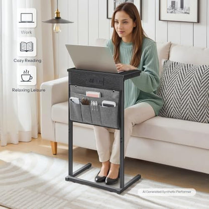 HOOBRO C Shaped End Table with Charging Station, Slide Under Couch Table