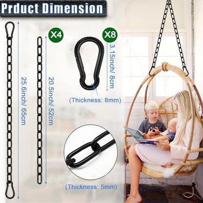 4 Pack Hanging Swing Chain with 8 Carabiners 25.6in, 660LB Capacity Heavy Duty Hammock Hardware Kit for Punching Bags, Swing Chairs, Indoor & Outdoor Gym (Black, 25.6in, 4pcs)