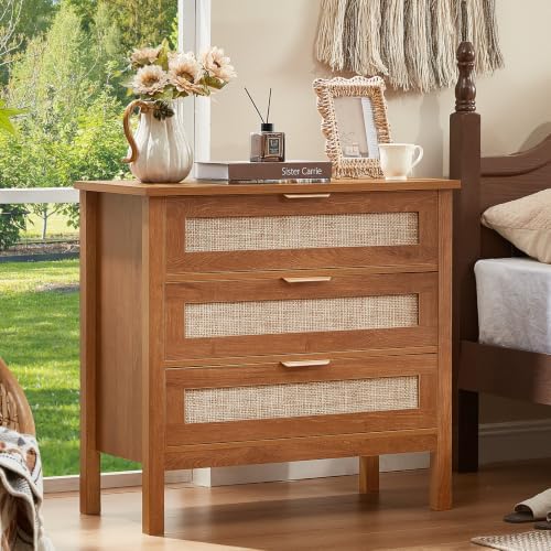 LEYAOYAO 31.5" Wide Rattan Nightstand, Large Boho 3 Drawer Night Stand