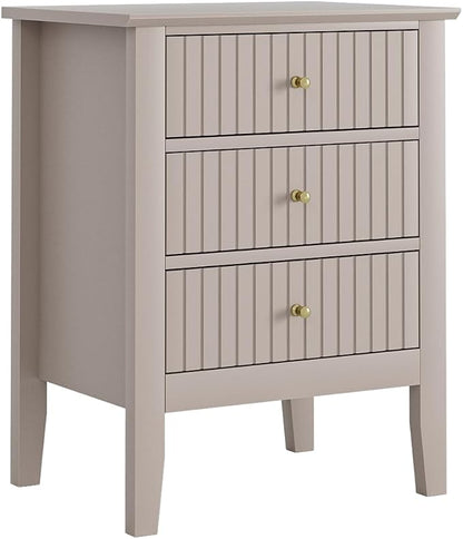 Night Stand, Fluted Nightstand Bedside Tall Farmhouse Nightstand with 3 Drawers, Mid Century Modern Side Accent Table,Bedside End Table for Bedroom, Living Room, Khaki