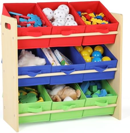 Humble Crew Kids Toy Organizer with 9 Fabric Bins, 3 Tier Storage Shelf
